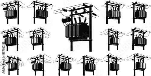 Transformer silhouettes, utility pole configurations, electrical grid icons, voltage infrastructure shapes, black distribution elements, flat vector