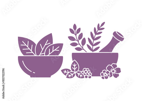 Glyph icon showing leaves in a bowl with color. Medicinal herbs and flowers placed in a mortar. Botanical ingredients for organic beauty products. Natural skincare. Vector illustration separated.