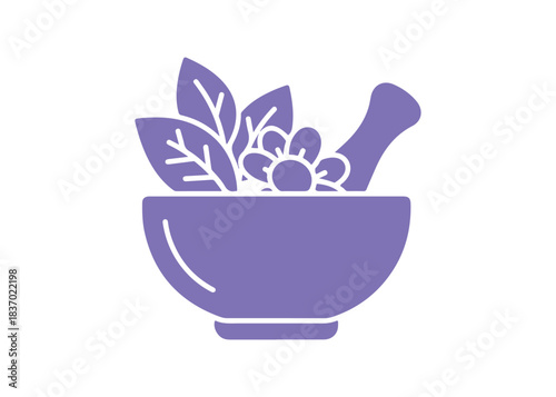 Colored glyph icon of leaves in a bowl. Herbs and flowers for medicine in a mortar. Botanical components for organic cosmetics. Natural skincare solutions. Isolated vector illustration.