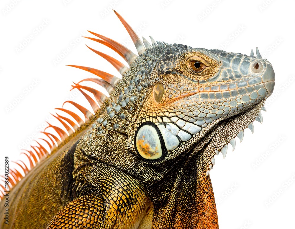 Obraz premium Side profile of a vibrant green iguana head, featuring orange spines, isolated on white