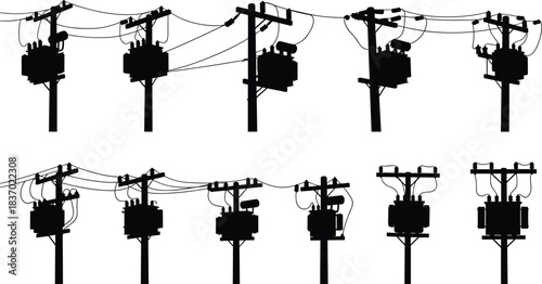 Utility pole transformers, electrical grid icons, power distribution silhouettes, black infrastructure shapes, flat vector illustration set