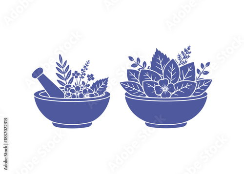 A colored glyph icon of leaves in a bowl. Medicinal herbs and flowers situated in a mortar. Botanical elements for organic cosmetology. Natural skincare products. vector illustration.