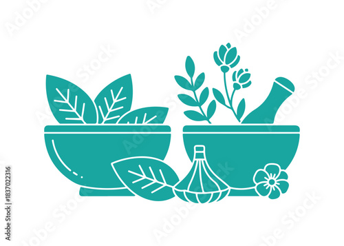 A bowl featuring leaves depicted in a colored glyph icon. Medicinal herbs and flowers are placed in a mortar. Botanical components for organic cosmetology. Natural skincare solutions. Vector arts
