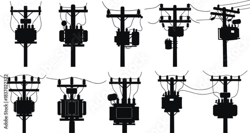 Utility pole transformers, electrical grid icons, power distribution silhouettes, black infrastructure shapes, flat vector illustration