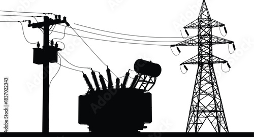 transformer, electricity, power, grid, utility, pole, tower, line, wire, voltage, icon, silhouette, vector, flat, black 