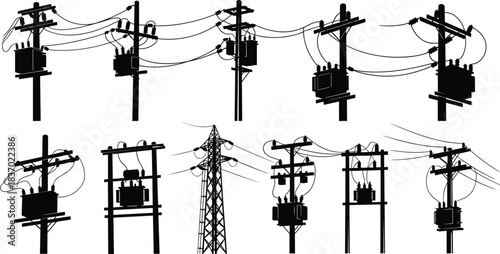 Utility poles, transformer silhouettes, transmission tower, electrical grid icons, power infrastructure shapes, flat vector illustration set