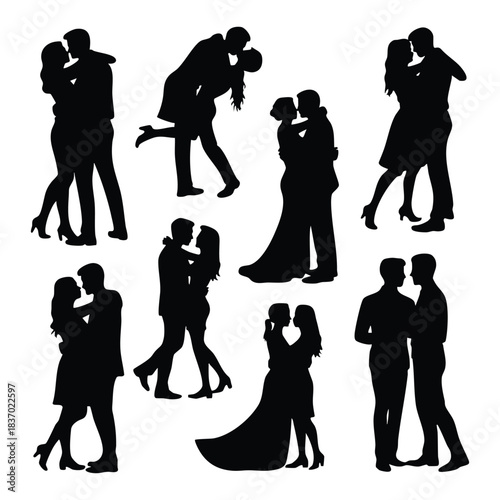 Romantic Moments: A Collection of Couple Silhouettes, Love in Shadow: Various Romantic Poses and Embraces, Elegant Silhouette Art of Couples Kissing and Dancing, silhouette, illustration, vector