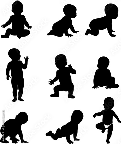 Set of baby and toddler silhouette isolated on white background. Sitting, crawling and standing. Vector illustration
