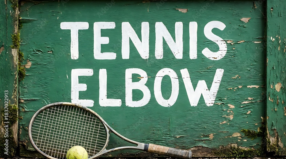 Obraz premium Tennis Elbow Concept. A tennis racquet rests casually below the words Tennis Elbow in crisp, bold lettering, with a tennis ball on the ground, creating a visual statement.
