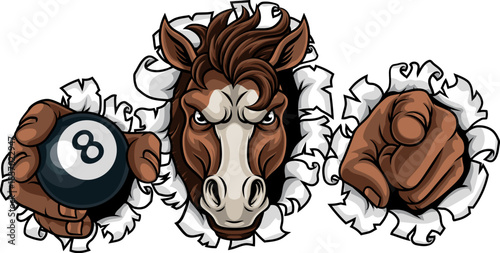 Horse mustang bronco stallion angry pool billiards sports team mascot holding a ball.