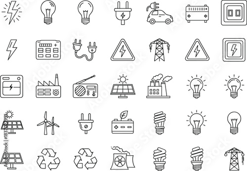 Electricity icon set, energy symbols, solar panel, wind turbine, battery, power plant, plug, lightning bolt, recycle, infrastructure, electric vehicle, transmission tower