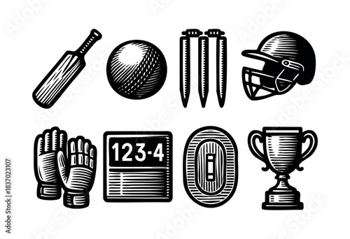 A set of cricket equipment icons including a bat, ball, stumps, helmet, gloves, scoreboard, pitch, and trophy in a vintage woodcut style — stock vector.