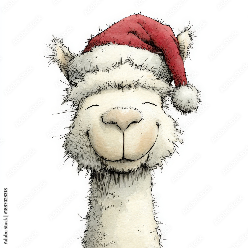 Obraz premium alpaca - cute smiling animal character wearing a red santa hat
