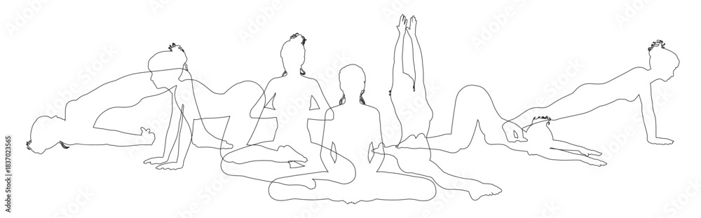 Fototapeta premium Silhouette yoga pilates women poses set. Active sports people healthy players fitness silhouettes concept.