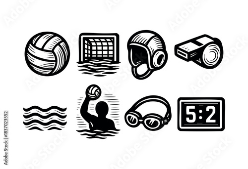 Black and white icons of water polo elements including ball, goal, player, and score — stock illustration.