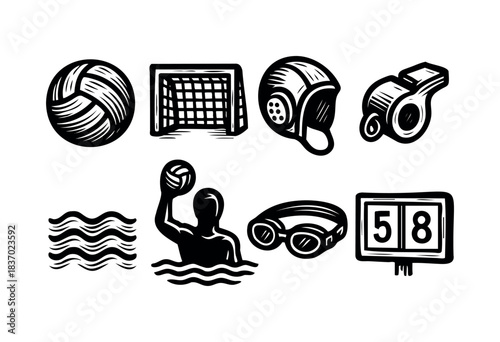 A black and white illustration shows water polo elements including a ball, goal, player, and scoreboard — stock vector.