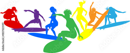 Surfer surfboard boarding female surfers surfing colorful silhouette outlines. Women surf group design concept.
