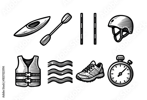 A set of kayaking equipment and athletic tools are drawn in black and white with a vintage illustration style — stock vector.