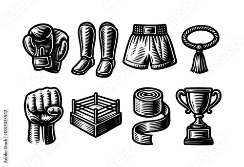 A set of boxing equipment is presented in a vintage woodcut style — stock illustration.