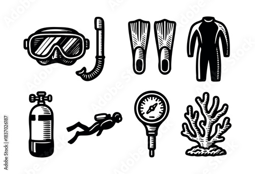 A set of vector icons depicting diving equipment, including a mask, snorkel, fins, suit, tank, diver, gauge, and coral, in a linocut style — stock vector.