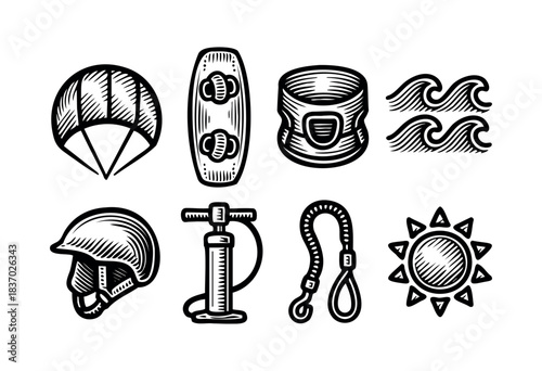 A set of kitesurfing equipment and accessories in a linocut style, including a kite, board, harness, waves, helmet, pump, leash, and sun — stock vector.