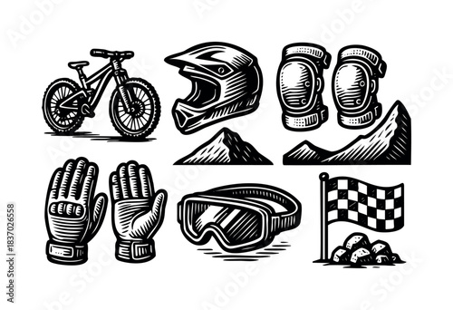 A set of mountain biking equipment essentials including a bike, helmet, knee pads, gloves, goggles, mountains, and race flag, depicted in a woodcut style — stock illustration.