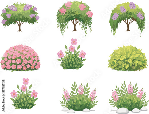 Flowering plants and bushes in nine cartoon variants with pink, purple, and yellow blossoms, botanical landscaping illustration, white background