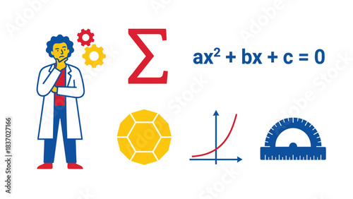 Creative Scientist and Math Symbols Illustrating Innovation Problem Solving and Education