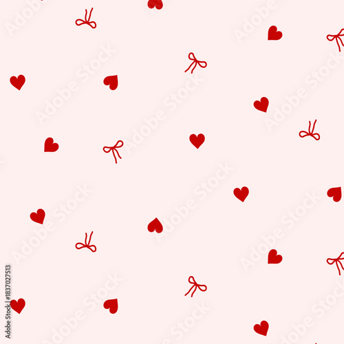 Flat vector seamless pattern of cute red hearts and ribbon bows scattered on light pink background. Romantic Valentine's Day repeating design perfect for wrapping paper, textiles, wallpapers, invitati