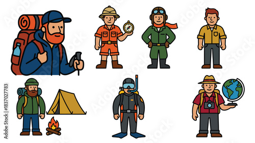 Diverse Adventurers and Explorers Hikers Divers Pilots Tourists and Safari Guides Vector Icons Set