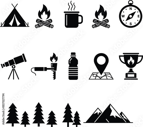 Flat vector illustration of camping and outdoor adventure icons including tent, campfire, compass, telescope, water bottle, map, forest, mountains, perfect for hiking and exploration.