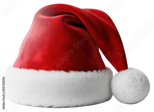 A red santa hat with a white fur trim and a fluffy pom-pom, cap, christmas hat, hat, red, white 