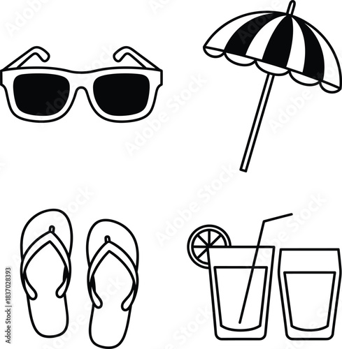 Flat vector illustration of summer beach essentials including sunglasses, umbrella, flip-flops, refreshing drinks, perfect for vacation, relaxation, and sunny weather activities.