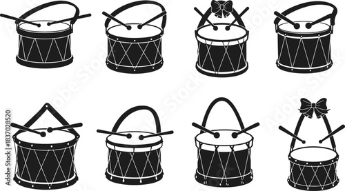 Christmas drum silhouette set, festive percussion instrument icons, holiday music vector, seasonal bow decoration, winter celebration graphic, traditional drum design