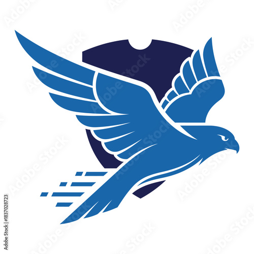 Streamlined blue falcon emblem flying powerfully to the right isolated on white background