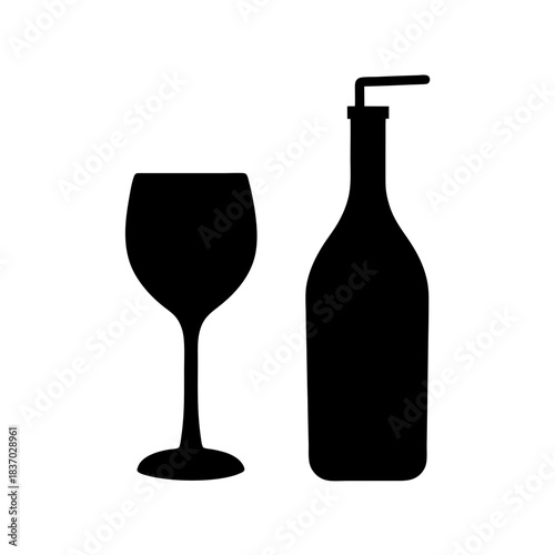 Stylized silhouette of a wine glass alongside a bottle equipped with a pump dispenser, an intriguing graphic representation for drinks, serving, and modern beverage concepts.