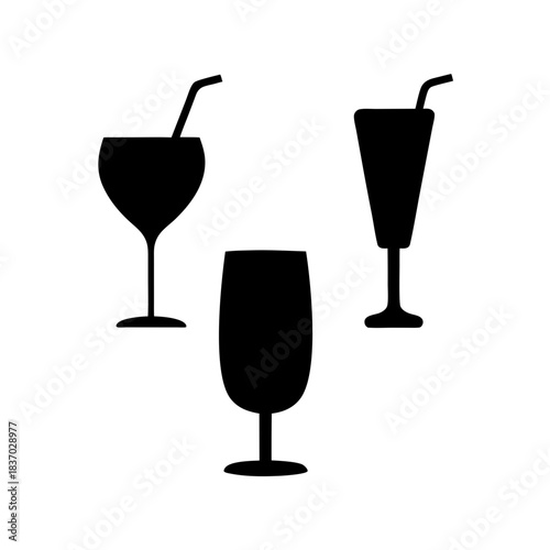 Silhouettes of assorted drink glasses with straws, illustrating various alcoholic and non-alcoholic beverages for bars, parties, and catering services, isolated for design use.