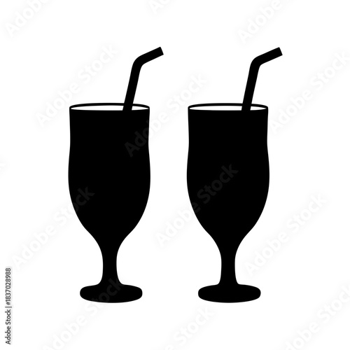 Two identical black silhouette icons of tall, stemmed glasses, each with a curved drinking straw, standing side-by-side on a clean, isolated background, representing beverages or refreshment.