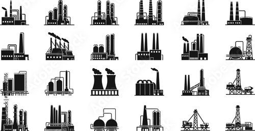Industrial building icons collection, factory silhouette illustration, manufacturing design, energy production artwork, urban infrastructure concept set