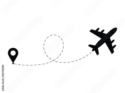 Airplane Route Vector Graphic with Dashed Travel Path and Map Pin