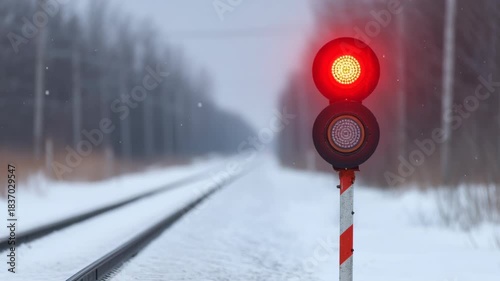 Snowstorm for travel warning, illuminated red railway signal on snowy tracks.