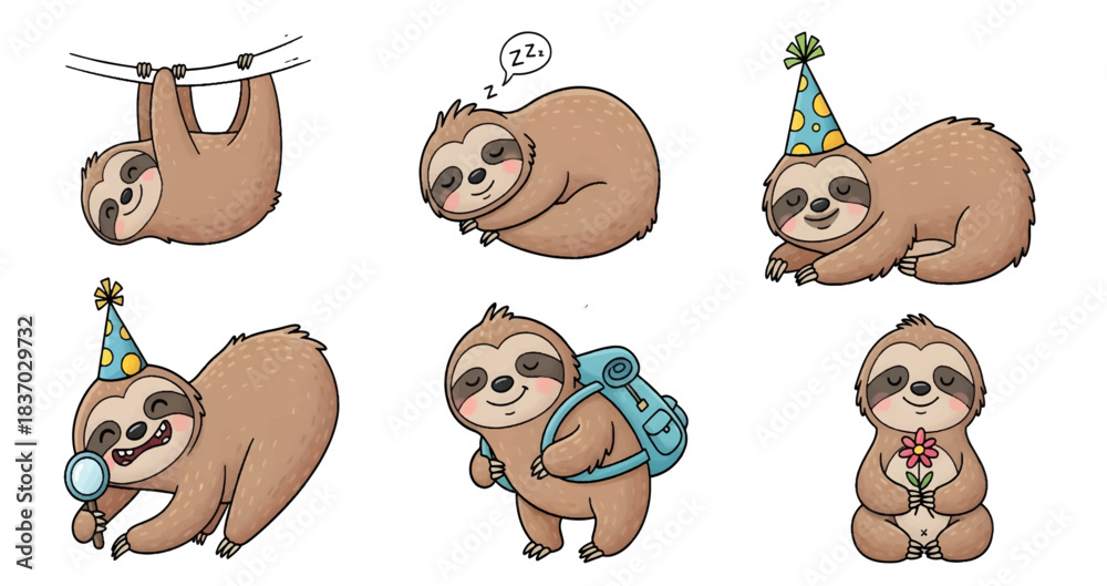 Naklejka premium Set of Six Cute Sloth Cartoon Characters with Party, Travel, and Sleep Poses