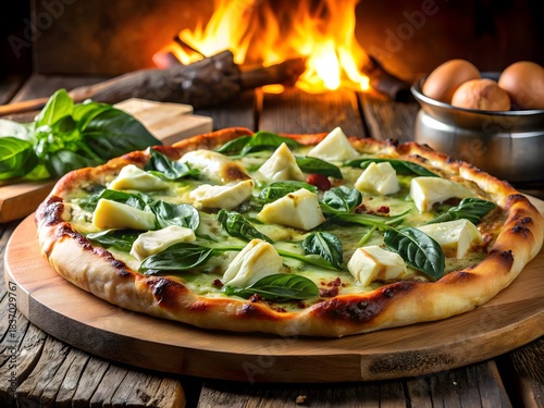 Spinach Artichoke Pizza with Cheesy Crust: A wide-angle shot of a freshly baked pizza topped with spinach, artichokes, mozzarella, and herbs on a wood-fired oven paddle.