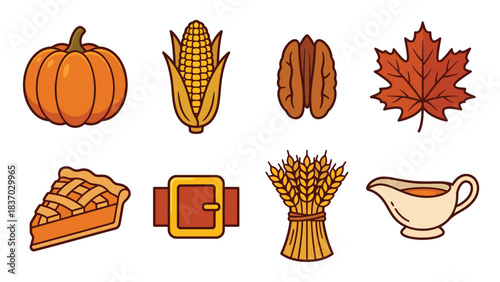 Thanksgiving Autumn Harvest Icons Vector Set Pumpkin Pie Corn Pecans Wheat Maple Leaf Belt Buckle Gravy Boat Perfect for Holiday Design Seasonal Concepts