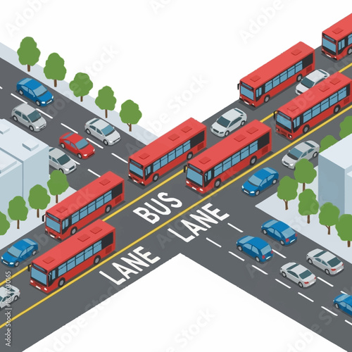 Isometric City Intersection with Dedicated Bus Lanes and Traffic Flow.