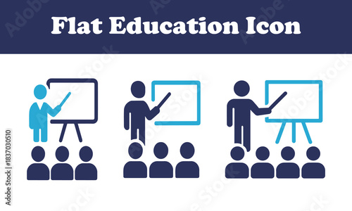 Minimalist training seminar icon set featuring diverse presenter and audience styles, flat vector education symbols for business presentations, corporate learning visuals, and modern UI/UX design elem