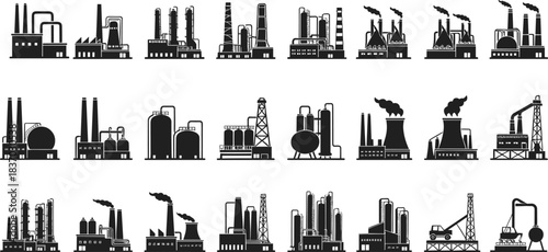 Industrial building icons collection, factory silhouette illustration, manufacturing design, energy production artwork, urban infrastructure concept set