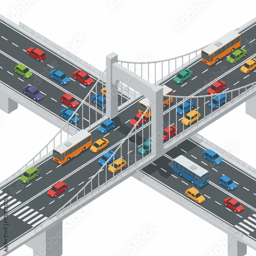 Isometric view of a busy highway interchange with cars and trucks.
