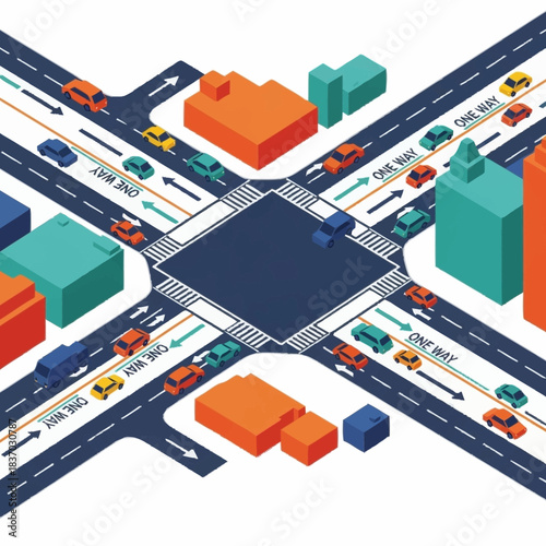 Isometric City Intersection with Cars and Buildings.