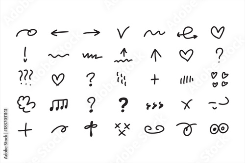 Expressive Hand-Drawn Marks Including Hearts, Notes, Arrows, and Queries